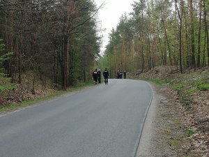 Policjanci i strażacy w trakcie akcji poszukiwawczej przemieszczają się drogą asfaltową w lesie