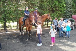 Na zdjęciu uczestnikom pikniku prezentują się policjanci z patrolu konnego.