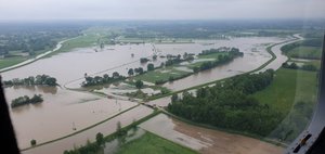 Powódź na Podkarpaciu- sytuacja w powiecie mieleckim, zalane tereny. Widok z góry