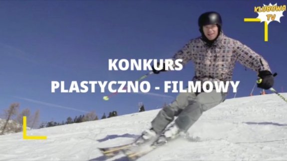 narciarz w tle i napis konkurs plastyczno- filmowy
