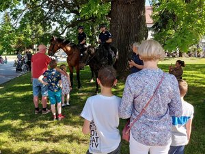 W cieniu drzewa stoją dwa policyjne wierzchowce. Stojący wokół niech uczestnicy pikniku rozmawiają z policjantami siedzącymi na koniach.