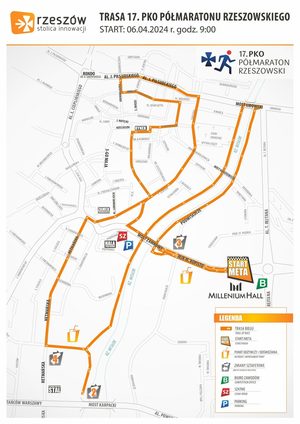 Na zdjęciu mapka 17 PKO Półmaratonu Rzeszowskiego. Kolorem pomarańczowym zaznaczono trasę biegu.
