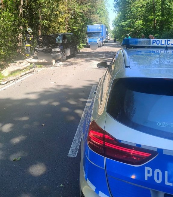 uszkodzony bus stoi przy drodze obok teren leśny w tle policyjny radiowóz na jezdni leży drzewo
