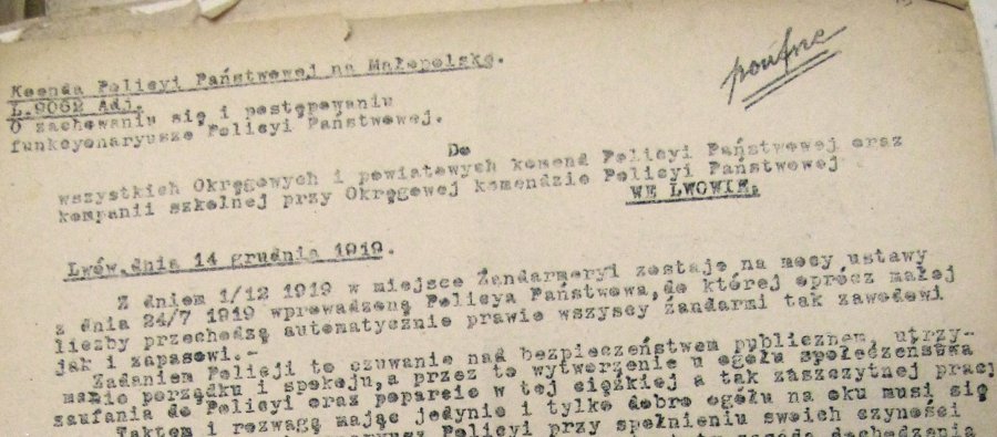 Fragment pisma Komendanta Policji Państwowej na Małopolskę w sprawie przekształcenia Żandarmerii w Policjię Państwową na obszarze byłej Galicji.