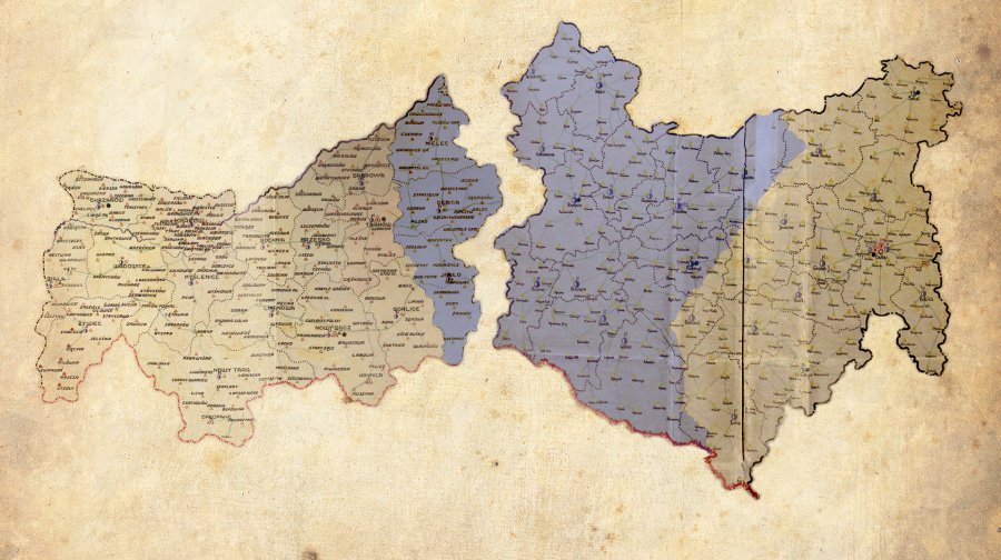 Mapy województw krakowskiego (po lewej) i lwowskiego (po prawej) z orientacyjnie zaznaczonymi granicami obecnego województwa podkarpackiego