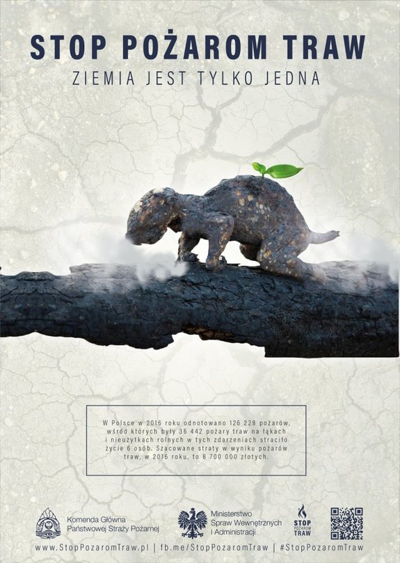 Plakat stop pożarom traw - zwęglona gałąź i zwierzę