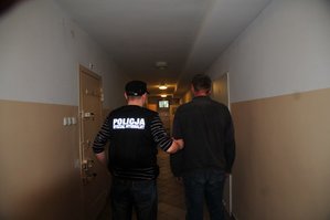 na fotografii policjant wydziału kryminalnego prowadzi sprawcę przestępstwa do pomieszczeń dla osób zatrzymanych