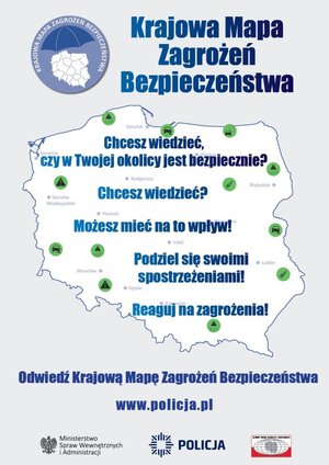 Baner aplikacji pn. Krajowa Mapa Zagrożeń Bezpieczeństwa, adres strony internetowej służącej do dodawania zgłoszeń:
www.policja.pl
