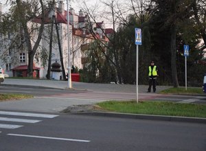 Umundurowany policjant stojący przy przejściu dla pieszych, dbający o bezpieczeństwo przechodniów. W tle drzewa oraz budynek mieszkalny.