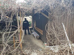 policjant idzie w kierunku altanki