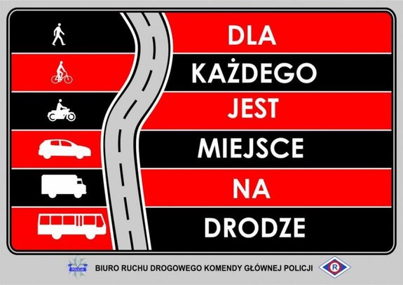 Grafika z napisem - dla każdego jest miejsce na drodze zawierające symbole pieszego, rowerzysty, motocyklisty, samochodu osobowego, ciężarowego oraz autobusu