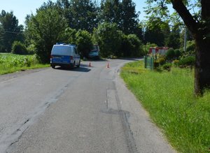 Miejsce wypadku drogowego w Chłopicach. Na poboczu znajduje się radiowóz.