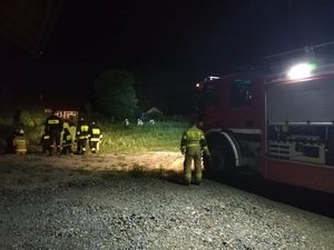 na fotografii fragment wozu strażackiego oraz strażacy w lesie