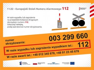 &quot;Żółta naklejka&quot; umieszczana przez PKP Polskie Linie Kolejowe S.A na przejazdach kolejowych zawierająca informacje o numerach alarmowych.