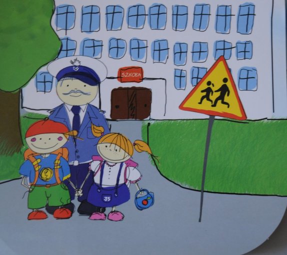 animowany obrazek przedstawiający policjanta z dziećmi