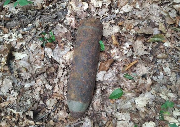 Skorodowany pocisk artyleryjski znaleziony w lesie