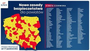 Mapa Polski przedstawiająca podział na strefy czerwoną i żółtą. Obok mapy wymienione powiaty objęte poszczególnymi strefami.