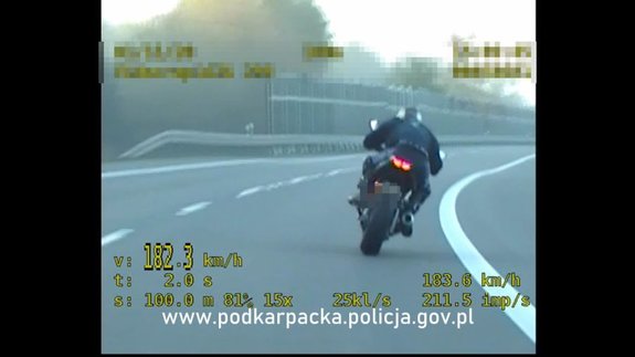 Stopklatka z policyjnego wideorejestratora. Motocyklista na zakręcie w prawo, widoczny od tyłu, jadący z prędkością 182,3 km/h