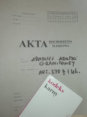 Zdjęcie przedstawia Akta dochodzeniowo – śledcze, na aktach leży Ustawa kodeks karny. Akta w szarym kolorze natomiast (Książka)Ustawa Kodeks Karny - białego koloru z napisem czerwonym Kodeks a napis Karny w czarnym