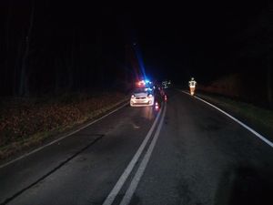 Na zdjęciu pora nocna - droga, na której doszło do wypadku, w oddali widać uszkodzony samochód marki Kia, za nim błyskają niebiesko-czerwone światła radiowozu