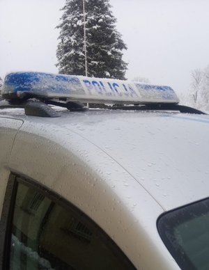 Na zdjęciu belka policyjna. W tle zaśnieżone drzewa.