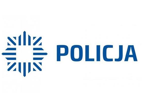 Na białym tle niebieskie logo oraz napis POLICJA