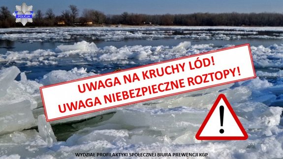 napis Uwaga kruchy lód! Uwaga niebezpieczne roztopy! w czerwonej obwódce, w tle rzeka pokryta płynącą krą.