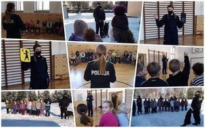 Zbiór zdjęć na których jest policjantka z dziećmi podczas lekcji profilaktycznych