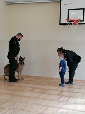 Na zdjęciu przewodnicy z psem służbowym wraz z jednym z uczniów pokazują jak bezpiecznie zachować się podczas spotkania z nieznanym psem.