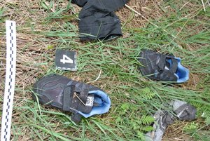 3.	Zdjęcie kolorowe przedstawia podłoże trawiaste przy torowisku w miejscowości Medyka. ( miejsce znalezienia nn zwłok mężczyzny) przedstawia buty sportowe typu „adidas” w kolorze czarnym z niebieskimi dodatkami oraz z niebieskim wykończeniem wkładki wewnętrznej buta.