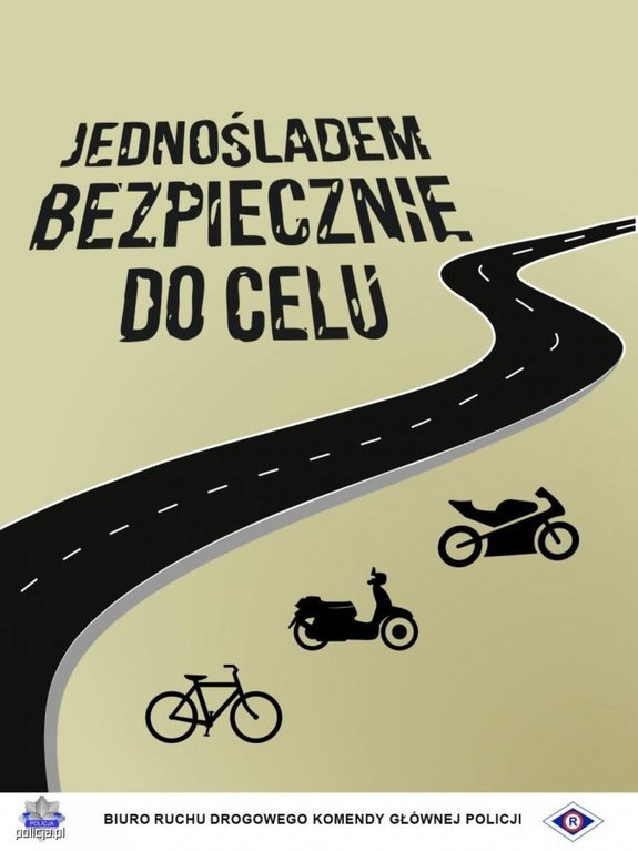 Grafika przedstawiająca krętą drogę. Napis o treści &quot;Jednośladem bezpieczniej do celu&quot; oraz motocykl, skuter i rower
