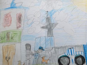 Rysunek wykonany przez przedszkolaków na którym policjant łapie sprawcę kradzieży