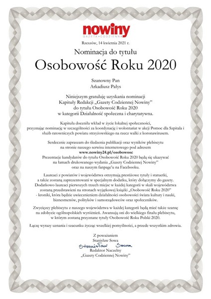 Dyplom nominacyjny kapituły konkursowej &quot;Osobowość roku 2020&quot; dla Arkadiusza Pałys