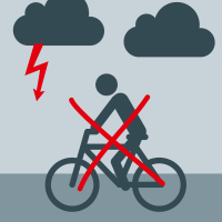 2.	Zdjęcie przedstawia kreskówkę. Na pierwszym planie widoczna postać kreskówkowa jadącą na rowerze  postać wraz z rowerem jest przekreślona czerwonymi liniami jako X. Nad nią są dwie chmury przy  jednej z nich patrząc od lewej strony jest błyskawica w kolorze czerwonym. Postacie oraz chmury są w popielatym kolorze