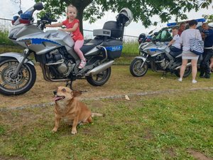 na fotografii dziecko na policyjnym motocyklu, przed motocyklem siedzi pies