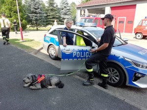 policjantka w rozmowie ze strażakiem, trzymającego na smyczy psa służbowego