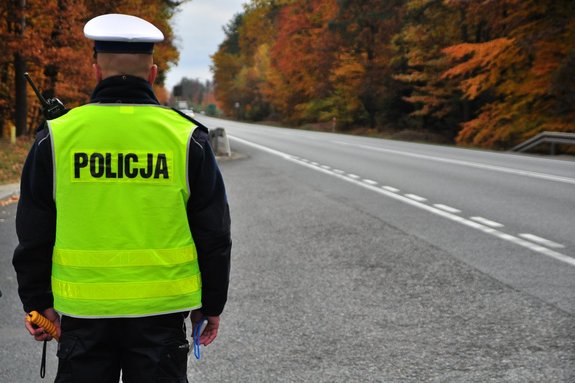 Umundurowany policjant stoi przy drodze. Ubrany w czapkę z białą nakładką, seledynową kamizelkę odblaskową, w tle widoczna droga asfaltowa i drzewa z pożółkłymi liśćmi.