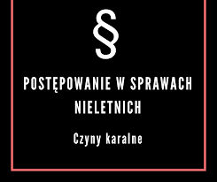 Zdjęcie przedstawia kodeks postępowania w sprawach nieletnich. Książka jest w czarnej oprawie na górze widnieje znak &quot;paragrafu w białym kolorze, pod nim napis &quot;Postępowanie w sprawach nieletnich także w białym kolorze a następnie napis &quot;Czyny Karalne&quot;