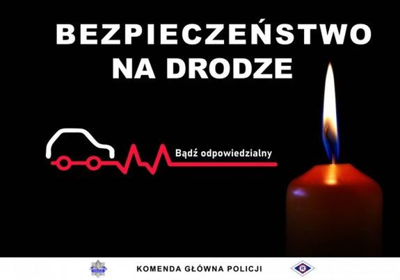 Plakat przedstawia sylwetkę pojazdu i wizerunek znicza oraz treść bezpieczeństwo na drodze. W stopce logo BRD KGP oraz tekst Komenda Główna Policj