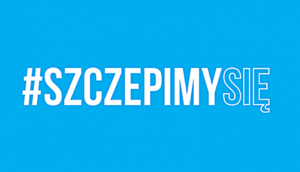 Logo - na niebieskim tle białe napisy - #SZCZEPIMY SIĘ