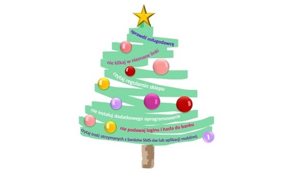 grafika świątecznej choinki przystrojonej hasłami przypominającymi o konieczności zachowania ostrożności podczas przedświątecznych zakupów