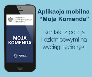 Zdjęcie przedstawia plakat Aplikacji &quot;Moja Komenda&quot; Po lewej stronie plakatu widoczny jest telefon komórkowy na którym sa napisy MOJA KOMENDA a pod napisem widnieje logo policji. Po prawej stronie plakatu widnieją napisy Aplikacja mobilna &quot;Moja Komenda&quot; a pod spodem napis &quot;Kontakt z policją i dzielnicowymi na wyciągniecie ręki&quot; Plakat jest w kolorze niebieskim