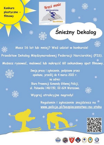 plakat promujący kampanię &quot;Śnieżny Dekalog&quot;. Zbiór najważniejszych informacji dot. konkursu na niebiesko - białym tle