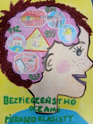 Na zdjęciu znajduje się praca plastyczna, przedstawiająca głowę chłopca, a w niej obrazki dotyczące bezpieczeństwa na torach, w samochodzie itp. Poniżej zielony napis Bezpieczeństwo Oczami Pierwszoklasisty.