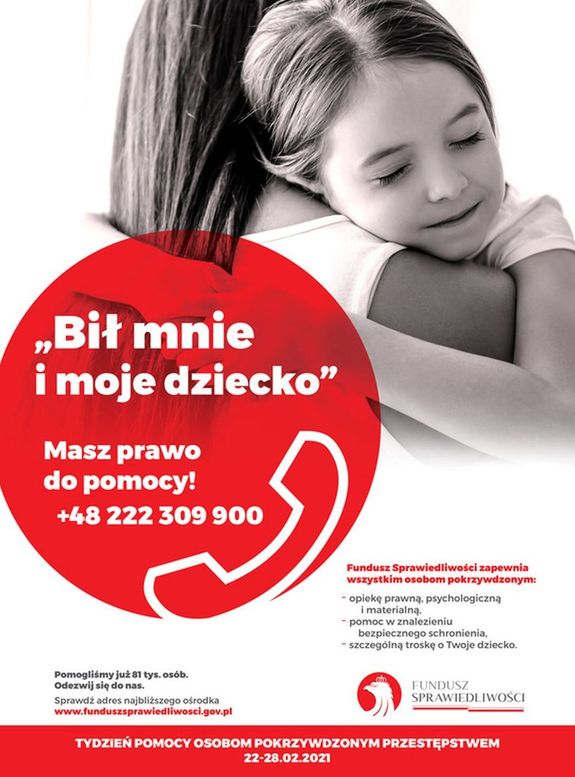 Plakat informujący o &quot; Tygodniu Pomocy Osobom Pokrzywdzonym Przestępstwem&quot;. Grafika przedstawia kobietę przytulającą dziecko.