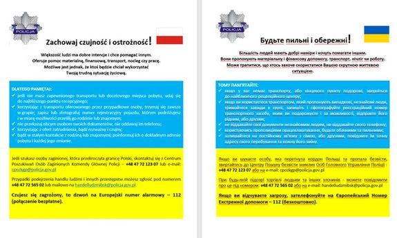 Ulotki zawierające informacje dla uchodźców w języku polskim i ukraińskim