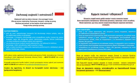 ulotka z informacjami dla uchodźców z Ukrainy opracowana przez Biuro Prewencji KGP. Treść ulotki w języku polskim i ukraińskim na niebiesko - białym tle