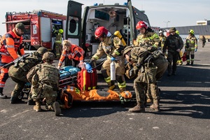na fotografii żołnierze oraz strażacy w czasie działań na mieleckim lotnisku