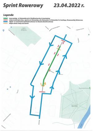 Na zdjęciu plan trasy wyścigu na ul. Hetmańskiej zaznaczony kolorem zielonym i objazdów przez ul. Lenartowicza i Staszica oznaczonych niebieskim kolorem.
