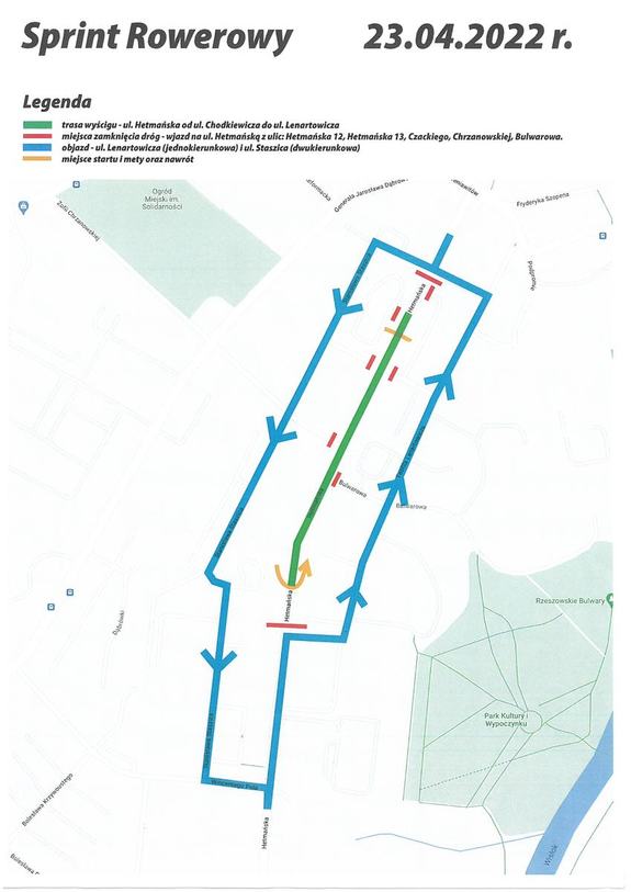 Na zdjęciu plan trasy wyścigu na ul. Hetmańskiej zaznaczony kolorem zielonym i objazdów przez ul. Lenartowicza i Staszica oznaczonych niebieskim kolorem.